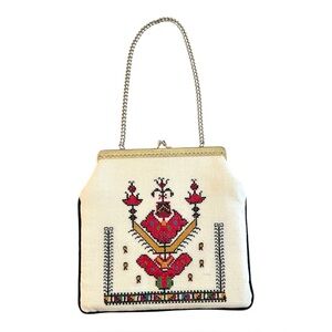 Vtg 1960 Ecru Cross Stitch Patterned Clutch Purse Handbag Chain Strap Antique